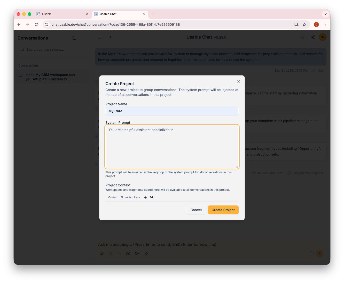 Create project dialog
